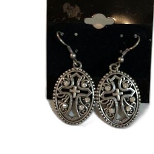 Vtg Earrings Dangle Silver Etched Oval Cross  Rhinestones 1" Gothic Medieval
